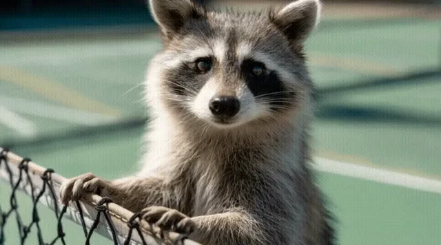 AI image animator reference of a raccoon looking around beside a tennis net
