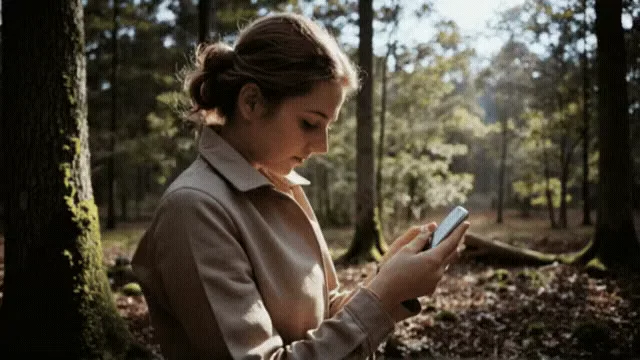 AI photo animator reference of a woman using a phone in a sunlit woodland